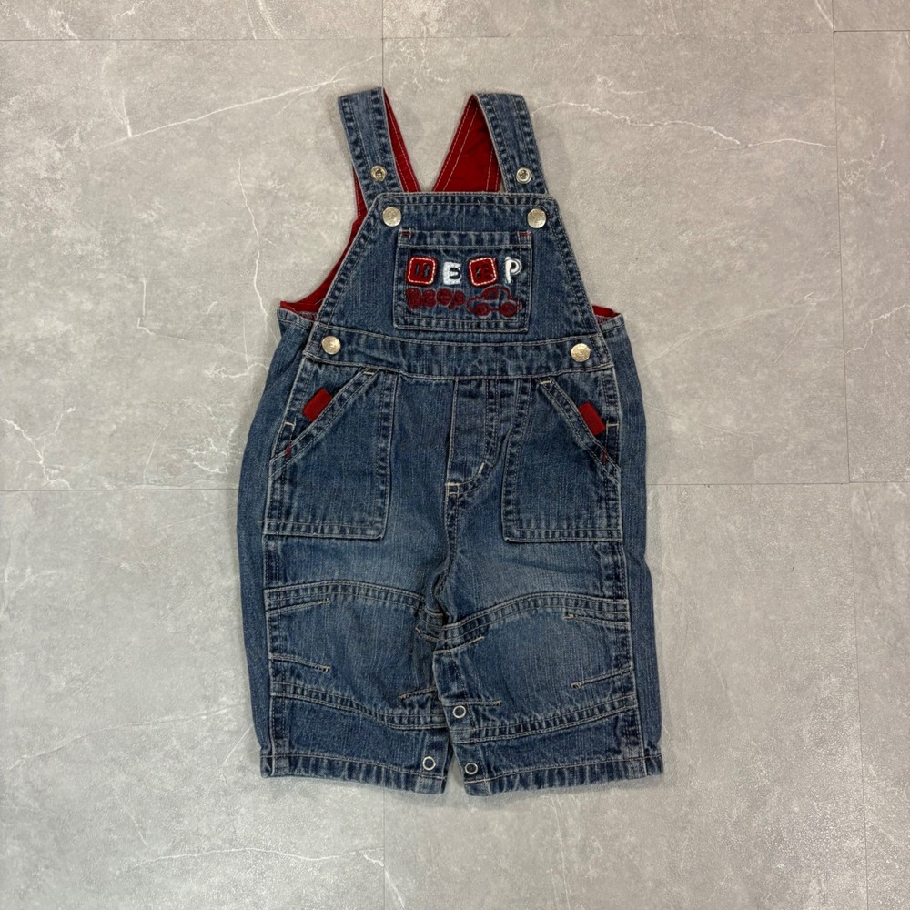 Faded Glory Baby Blue Denim Overalls Beep Car Embroidery Red Lining 0-3 Months
